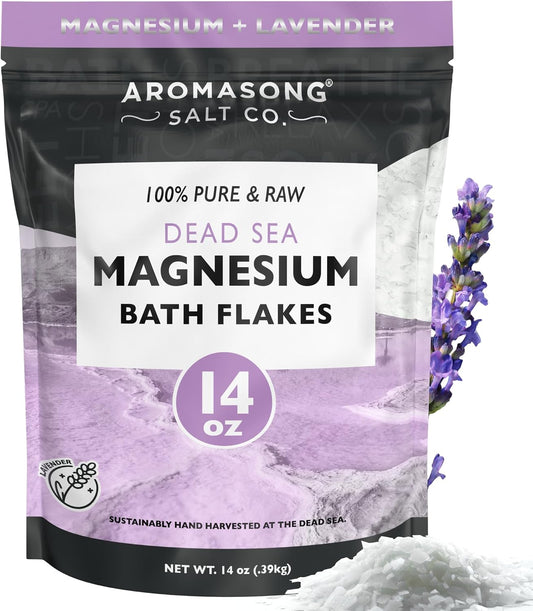 Aromasong RAW Magnesium Bath Flakes with 100% Natural Lavender, 14 Oz. Muscle Relaxing Organic Salts Mg Chloride, Mineral Soak Salt.