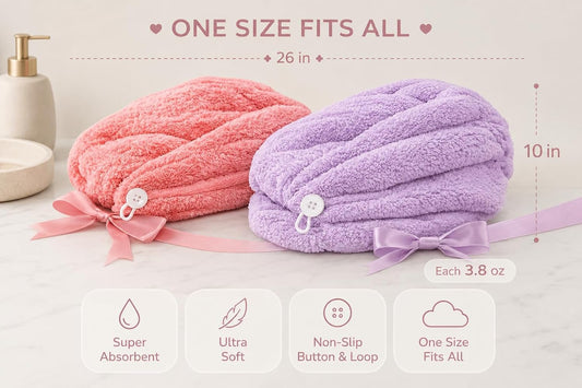 ADOGO Microfiber Hair Towel - 2 Pack Hair Turbans for Wet Hair, Drying Hair Wrap Towels for Women and Kids - Suitable for All Hair Types（Pink，Purple）