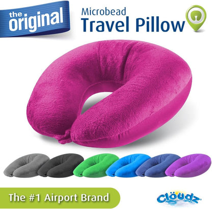 Cloudz Dual Comfort Microbead Airplane Travel Neck Pillow. Super Soft Cozy Plush Fabric on One Side, Cool Relaxing Spandex on The Other! Customize Your Comfort and Support at Home or On The Go!- Blue