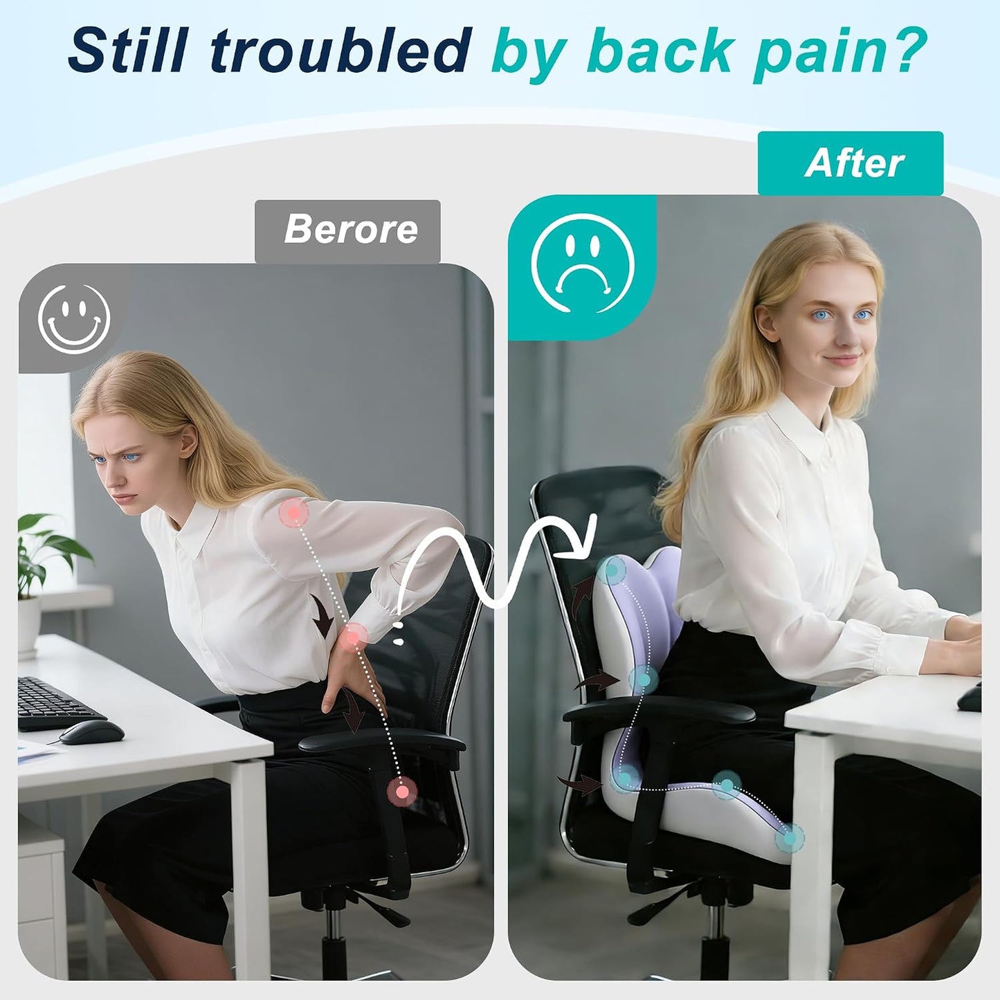 Seat Cushion for Office Chair and Car, Lumbar Support Pillow for Office Chair, Memory Foam Ergonomic Seat Cushion for Long Sitting, Back & Tailbone Pain, Sciatica - Dark Gray & Light Gray