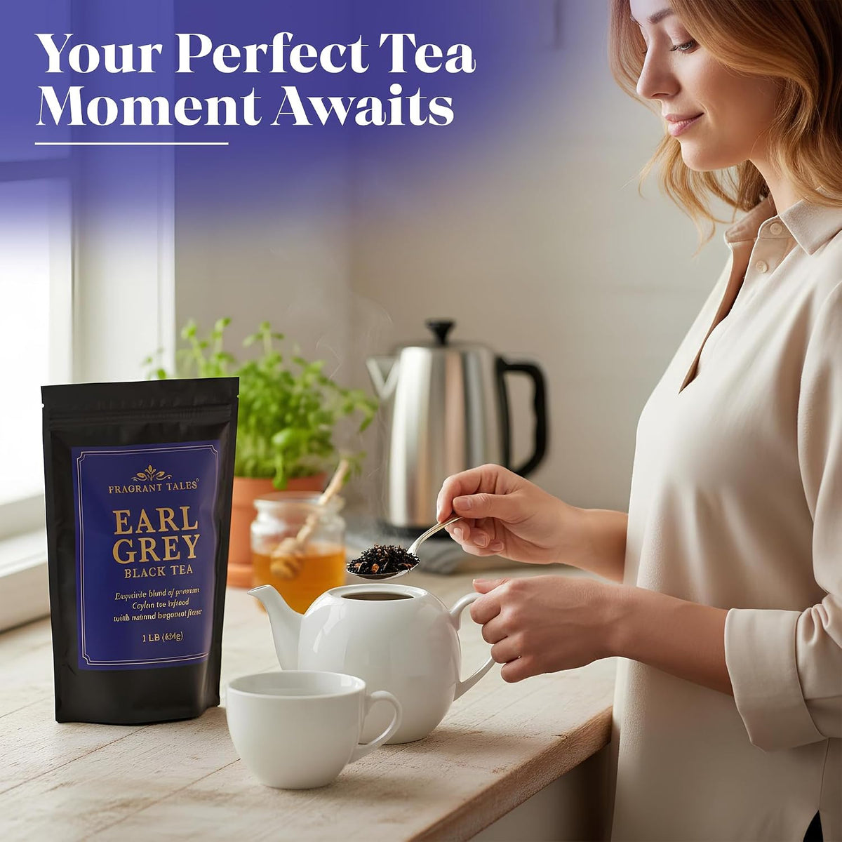 Fragrant Tales Earl Grey | 1LB (454g) | Loose Leaf Black Tea | Premium Ceylon Tea with Natural Bergamot Aroma & Blue Cornflower Petals | Strong, Smooth Flavor | Bulk Resealable Bag