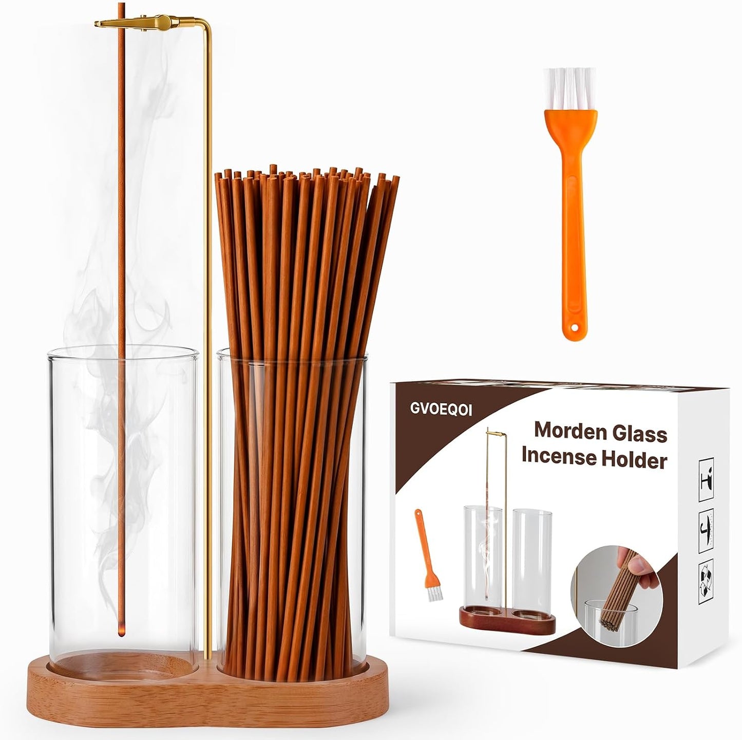 Incense Holder with 2 Tall Glass Bottle,Wooden Base Incense Stick Holder for Desktop,Incense Burner for Ash Collection,Ash Container for Meditation, Yoga, Spa, Home Decor