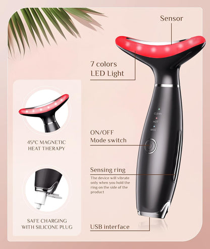 Dopsikn 7 Color Galvanic Machines - Red Light Therapy for Face and Neck, Face Massager Tool for Wrinkles, Double Chin, Vibrating Facial Massager with Thermals, Pink