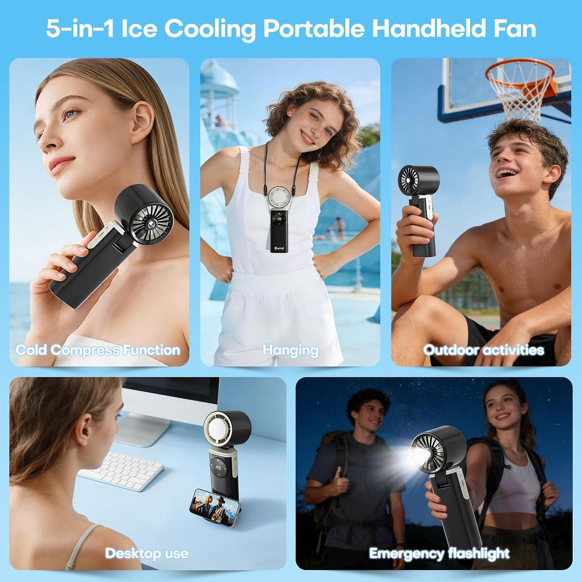 6000mAh Portable Handheld Fan with Ice Cooling, 199 Levels Stepless Speed, 20H Long Battery Life, 20000RPM Turbo Fan Rechargeable Personal Mini Fan for Travel, Outdoor, Makeup