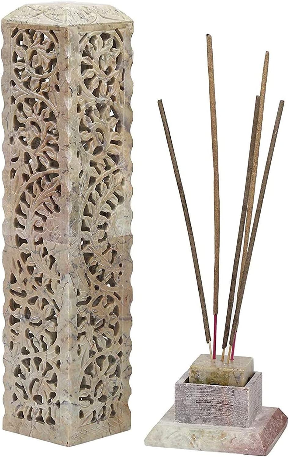 Carry Me Handmade Marble Soapstone Incense Stick Burner | Candle Stick Holder, Tea Light Stand, 3 x 3 x 11 Inches, Decorative Home and Kitchen Decor, Perfect for Gifting