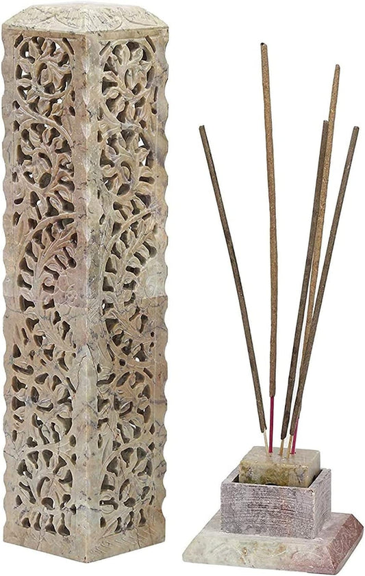 Carry Me Handmade Marble Soapstone Incense Stick Burner | Candle Stick Holder, Tea Light Stand, 3 x 3 x 11 Inches, Decorative Home and Kitchen Decor, Perfect for Gifting