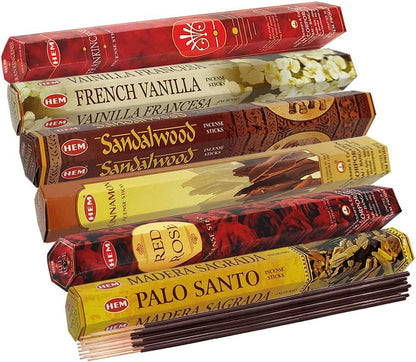 Hem Incense Sticks Variety Pack #23-120 Insence-Sticks (6 Incents x 20 Insense) + Incense Stick Holder with 6 Most Liked Scents Including Patchouli Dragons Blood White Sage Frankincense-Myrrh