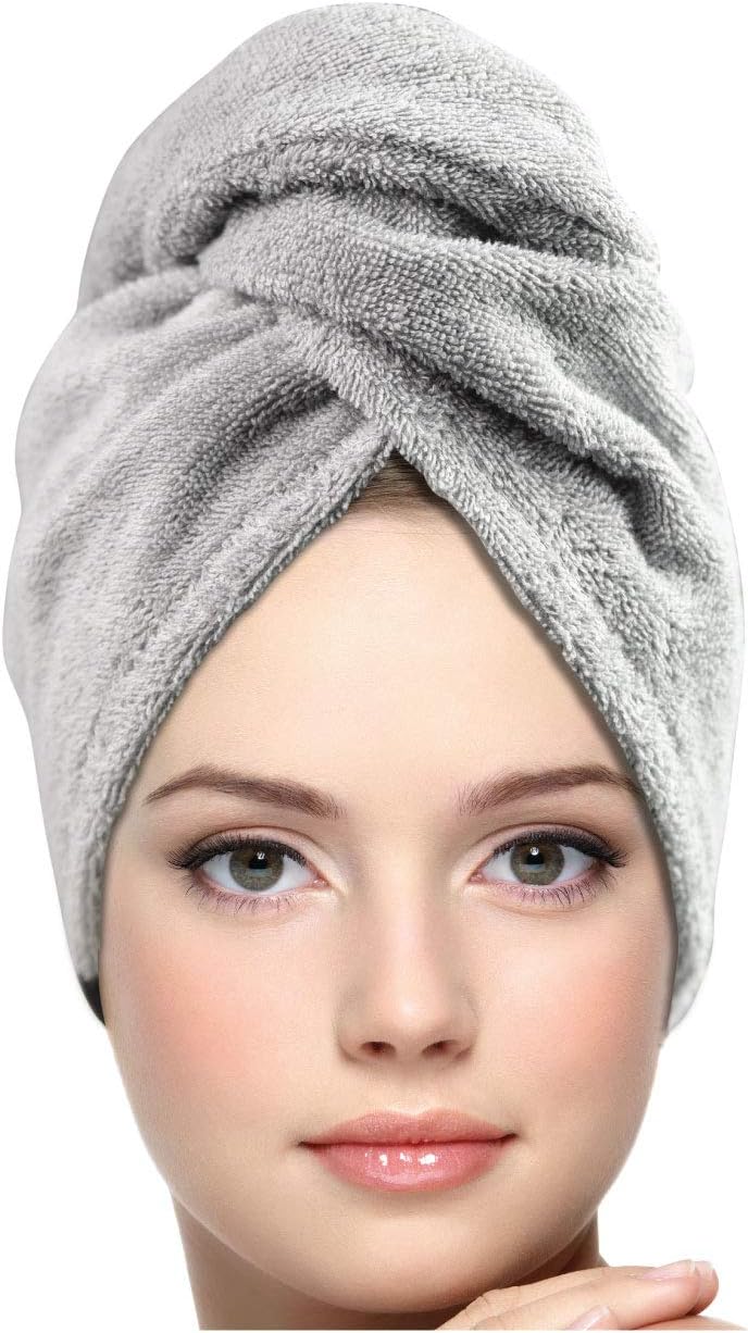 KEEPOZ 100% Cotton Hair Towel Wrap Quick Dry Super Absorbent Turban Head Wrap for Women with Button, Anti Frizz, Hair Cap for Curly, Long & Thick Hair (White, 1 Pc)