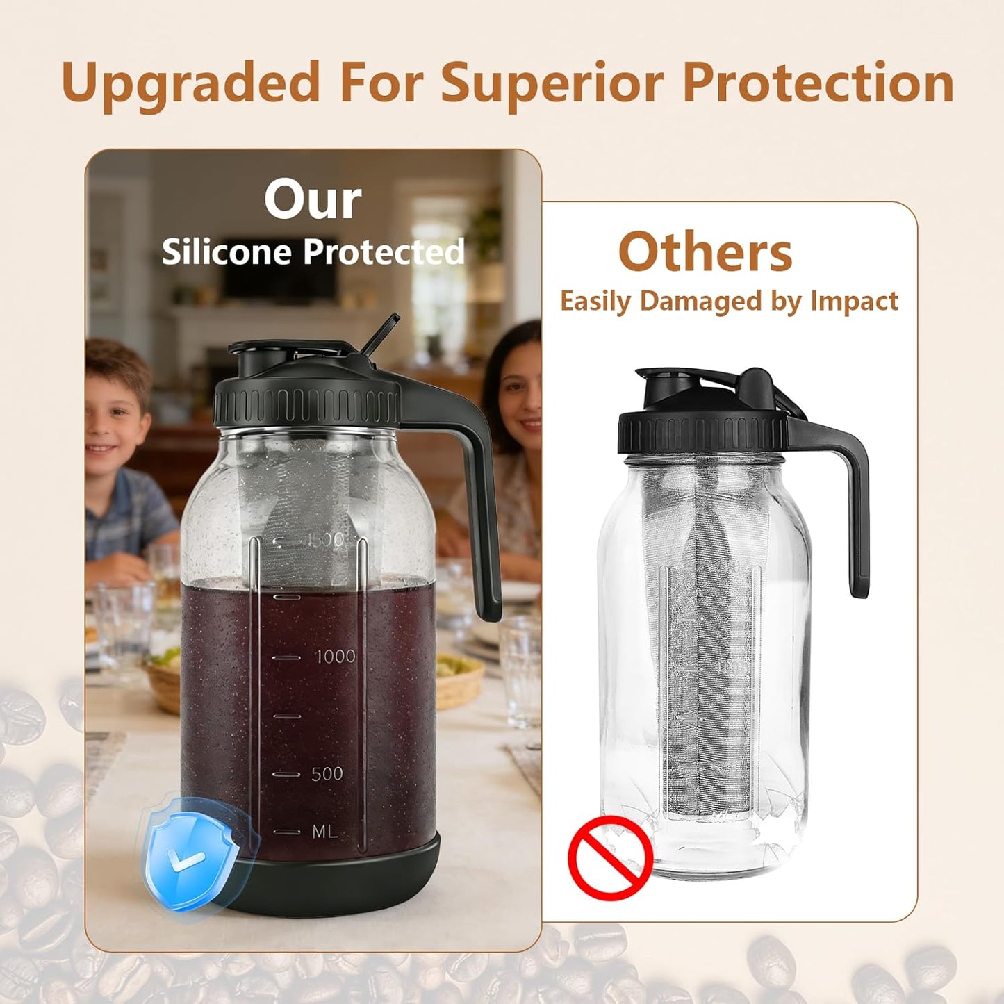 Cold Brew Coffee Maker,64 oz Mason Jar Pitcher with Stainless Steel Filter, Pour Spout Handle Lid, Heavy Duty Glass Airtight & Leak-Proof for Iced Coffee,Tea & Lemonade