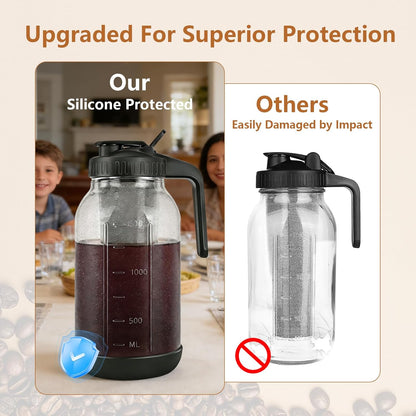 Cold Brew Coffee Maker,64 oz Mason Jar Pitcher with Stainless Steel Filter, Pour Spout Handle Lid, Heavy Duty Glass Airtight & Leak-Proof for Iced Coffee,Tea & Lemonade