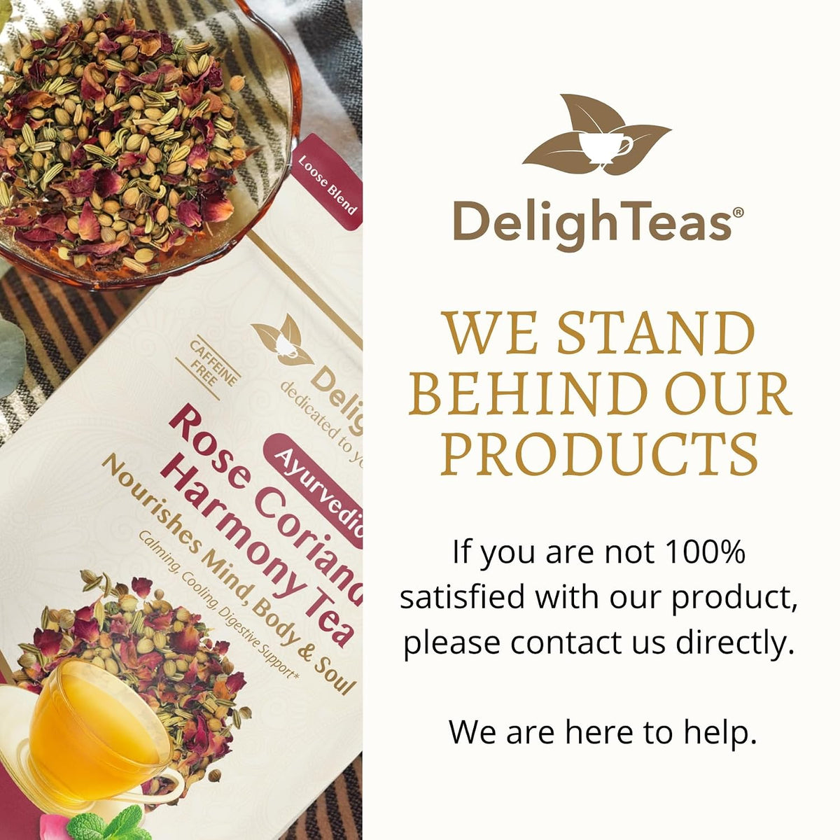 DelighTeas Organic Rose Coriander Harmony Tea | Ayurvedic Loose Leaf Herbal Tea | 60 Servings, 3oz. | Caffeine-free, Sugar-free, Non-GMO, Keto, Vegan | Calming, Cooling Digestive Support