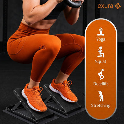EXURA Slant Board for Calf Stretching & Plantar Fasciitis Relief, Adjustable Wide Metal Squat Wedge, Calf Stretcher for ATG Training, Knees Over Toes & Physical Therapy