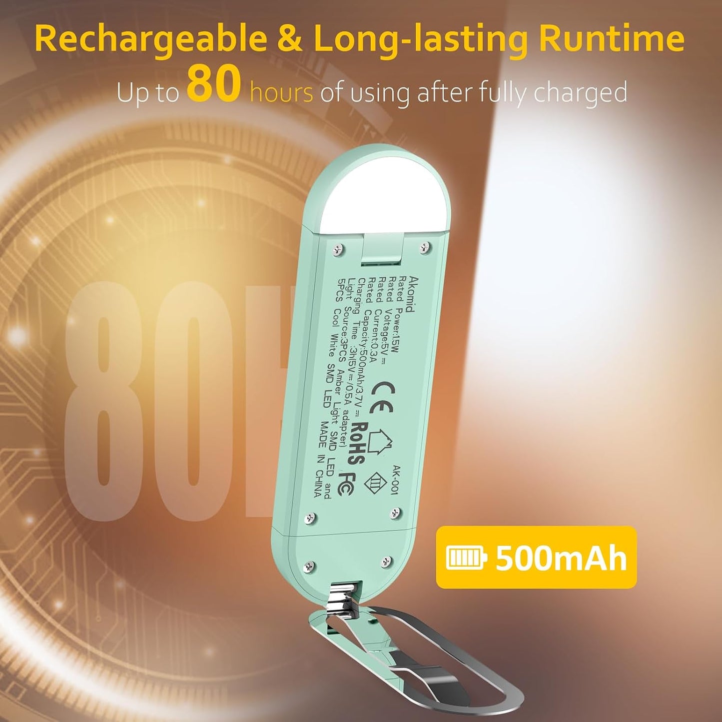 Akomid USB Rechargeable Book Light for Reading in Bed, 8 LEDs Bookmark Style Clip on, Eye-Cared Amber Light Mode for Kids, Blue Light Blocking, Stepless Dimming,Khaki