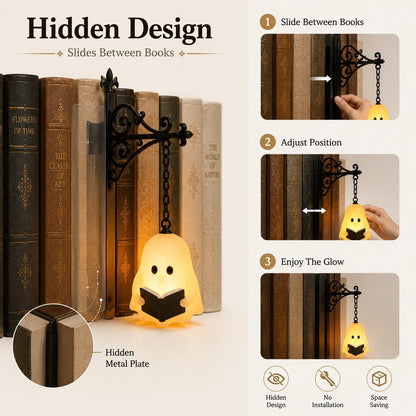 Library Lantern-Decorative Bookshelf Lighting, Mini Bookshelf Lamp Slides Between Books, Warm Amber LED Nook Light & Bookshelf Lantern for Book Nook, Shelf Decor Gift for Book Lovers(Reading Ghost)