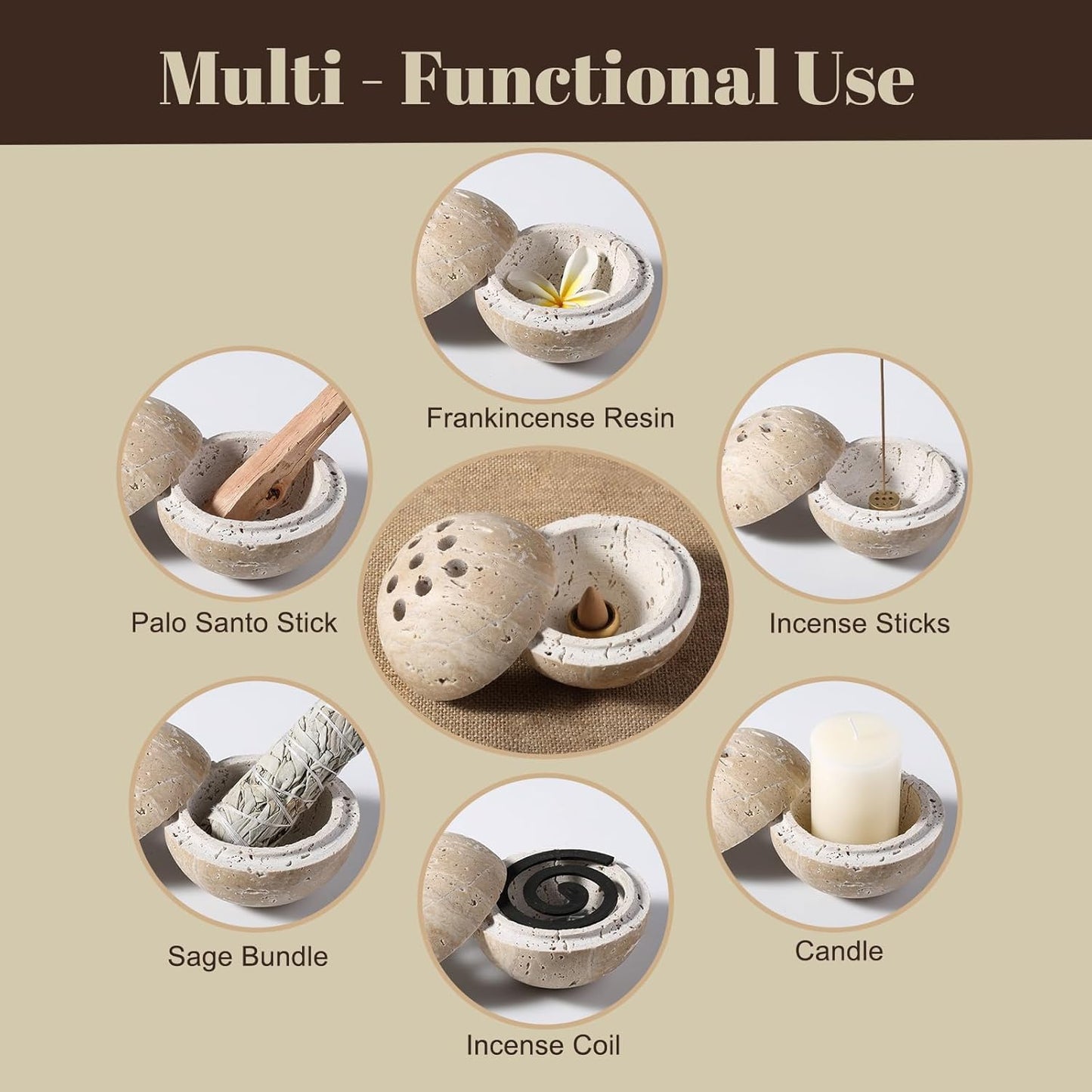 Koville Natural Marble Incense Holder, Incense Holder for Sticks with 9 Holes, Handmade Incense Burner Ash Catcher for Meditation Yoga SPA, Balsam Fir/Palo Santo/Sage/Cone (White)