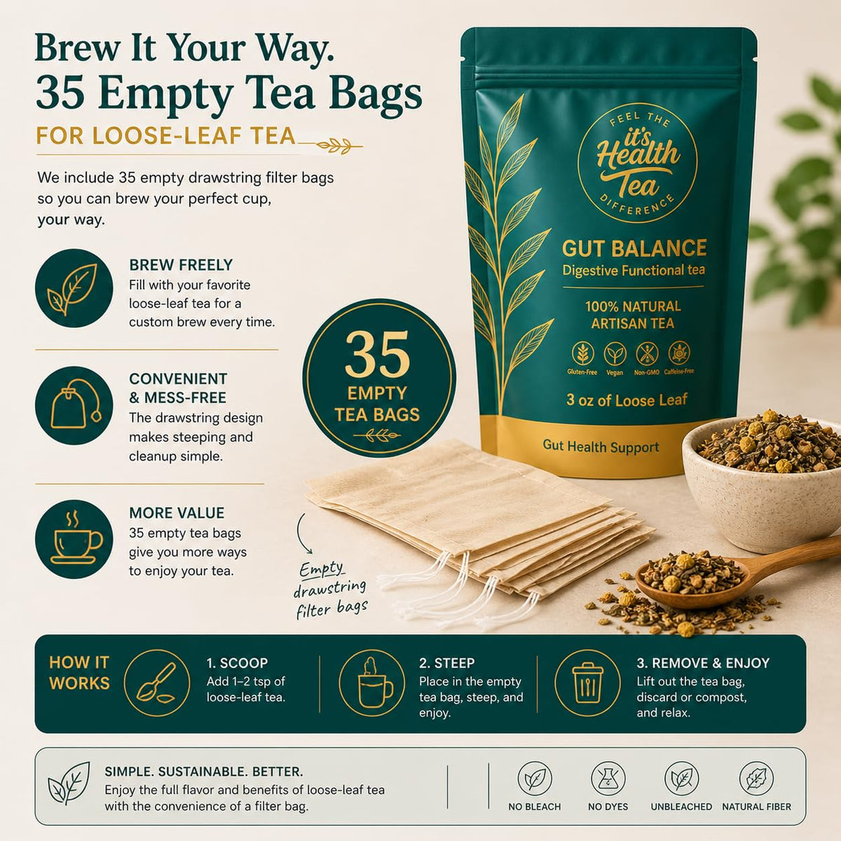 Gut Balance Herbal Tea – Supports Overall Gut Microbiome Health & Occasional Bloating Support | After-Meal Digestive Comfort | Enjoy Hot or Iced | Caffeine-Free Loose Leaf Botanical Blend (35 Unbleached Tea Bags Included)*
