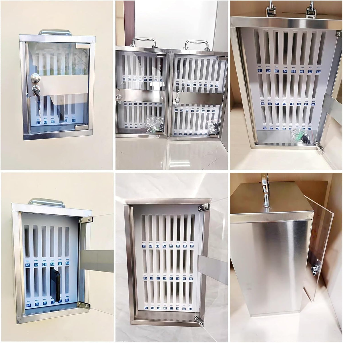 48-Slot Wall-Mounted Phone Storage Box,Lockable Nizer for Mobile Devices,Multi-Slot Charging Station,Silver,Perfect for Home & Office Use,Silver,36Slots