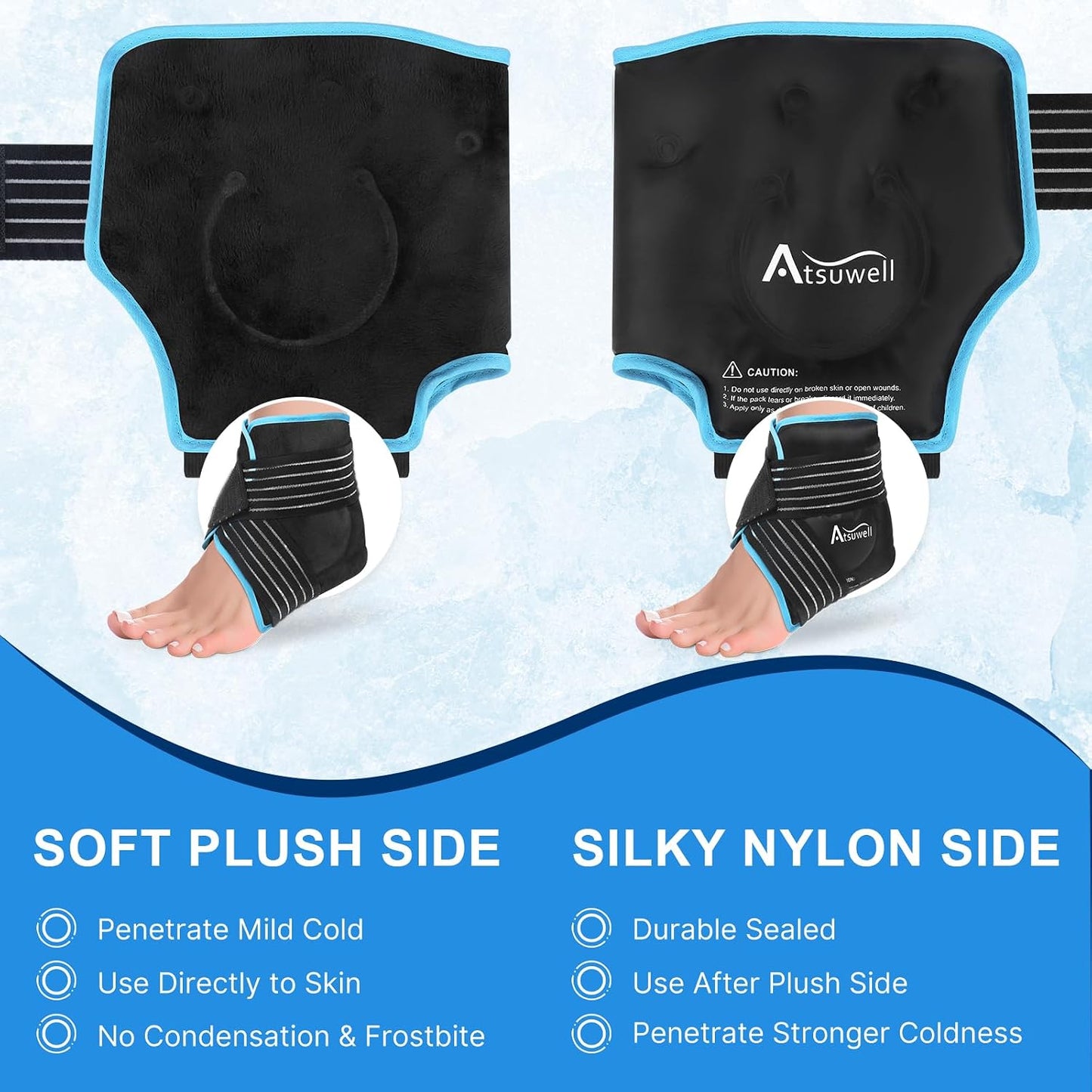 Atsuwell Ankle Ice Pack Wrap 2 Packs, Ankle Ice Wraps Flexible Gel Cold Pack for Foot Heel, Cold Compress Therapy for Soothing Discomfort, Black