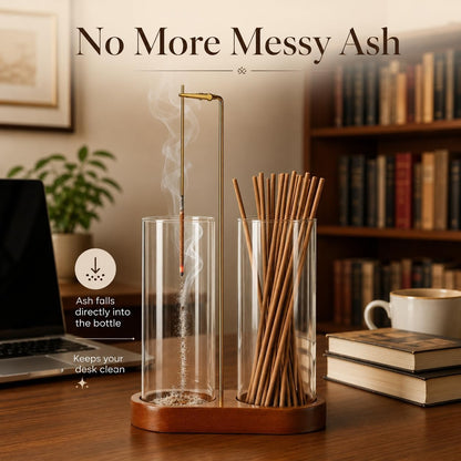 Incense Holder with 2 Tall Glass Bottle,Wooden Base Incense Stick Holder for Desktop,Incense Burner for Ash Collection,Ash Container for Meditation, Yoga, Spa, Home Decor