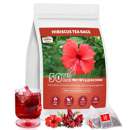 Hibiscus Tea Bags, 100% Natural Hibiscus Flowers Herbal High Blood Pressure Tea Bags, No Sugar/Gluten, Caffeine Free-50 Count (Pack of 1)