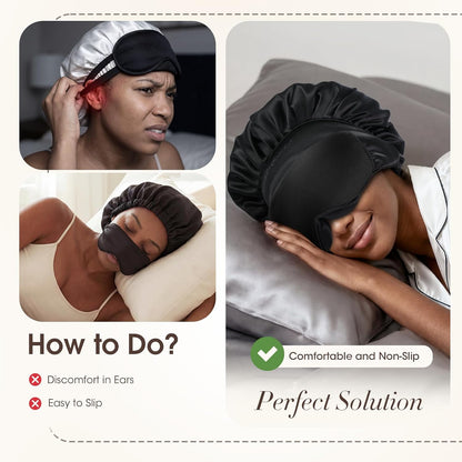 LC-dolida Satin Silk Bonnet for Sleeping Women Men, 2-in-1 Adjustable Hair Bonnet for Curly & Natural with Sleep Mask, Reduce Frizz, Lock in Moisture, Prevent Breakage and Tangles(Black)