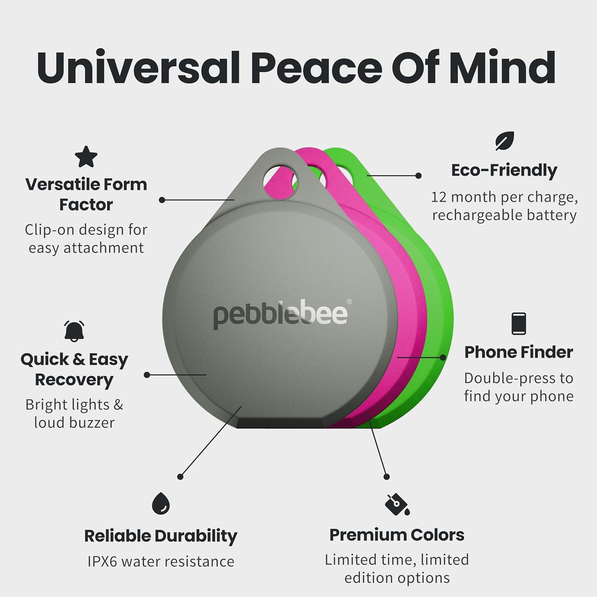 Pebblebee Clip 5 Bluetooth Tracker Tag for Keys & Bags, 130dB Siren