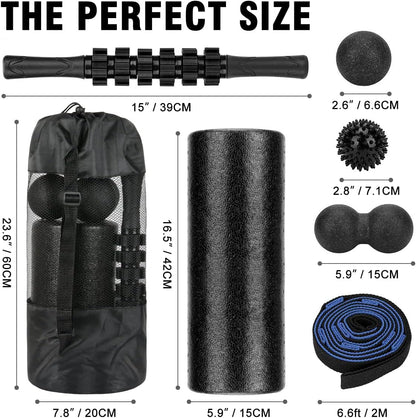 Foam Roller Set - High Density Back Roller, Muscle Roller Stick,2 Foot Fasciitis Ball, Stretching Strap, Massager Ball for Whole Body Physical Therapy & Exercise, Yoga, Back Pain, Leg, Deep Tissue