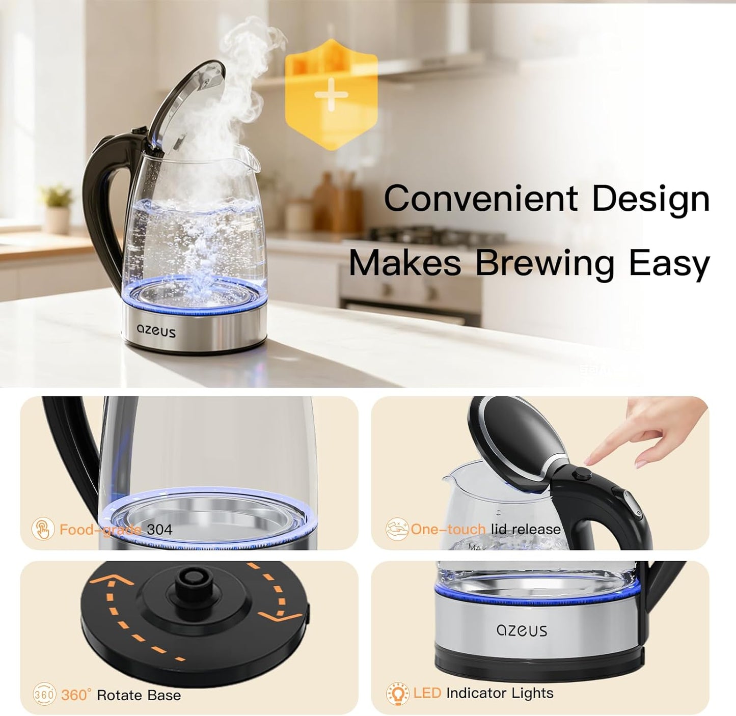 AZEUS Electric Kettle 1800W Cool Touch Tea Kettle Anti-scalding Design 1.8L Large Capacity Kettle BPA-Free, White