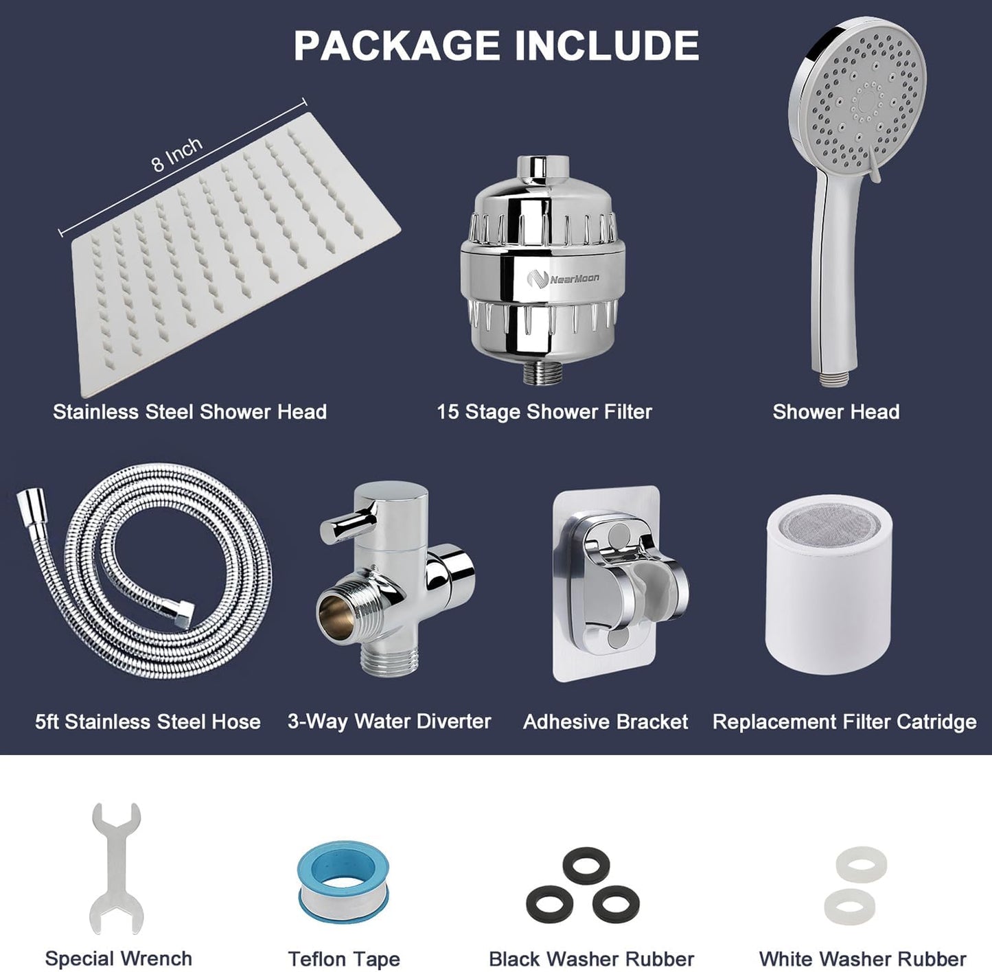 NearMoon Filtered Rain Shower Head, High Pressure 8″Square, and 5 settings Handheld Shower Filter Combo with Self-adhesive Holder/1.5M Hose -1 Replaceable Filter Cartridge (Matte Black)