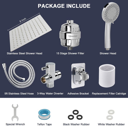 NearMoon Filtered Rain Shower Head, High Pressure 8″Square, and 5 settings Handheld Shower Filter Combo with Self-adhesive Holder/1.5M Hose -1 Replaceable Filter Cartridge (Matte Black)