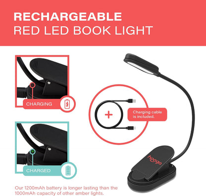 hooga Amber Book Light – Blue Light Blocking Reading Light for Bed, Stepless Dimming, Rechargeable Clip-On Night Light, 1600K Amber & 625nm Red LED for Night Reading