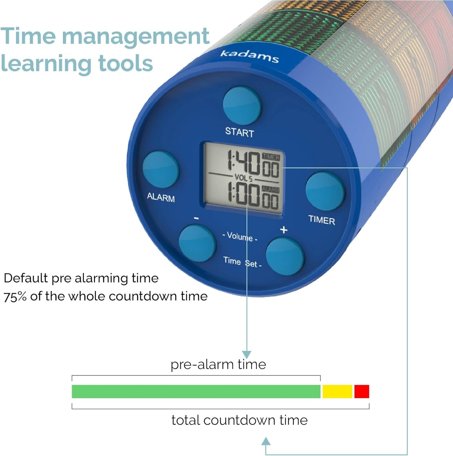 KADAMS Visual Timer for Kids with Audio Pre-Alarm - Traffic Light Alarm for Kids Toddler Teachers Classroom Home Time Management Tool 24hr Countdown Pause Memory Function