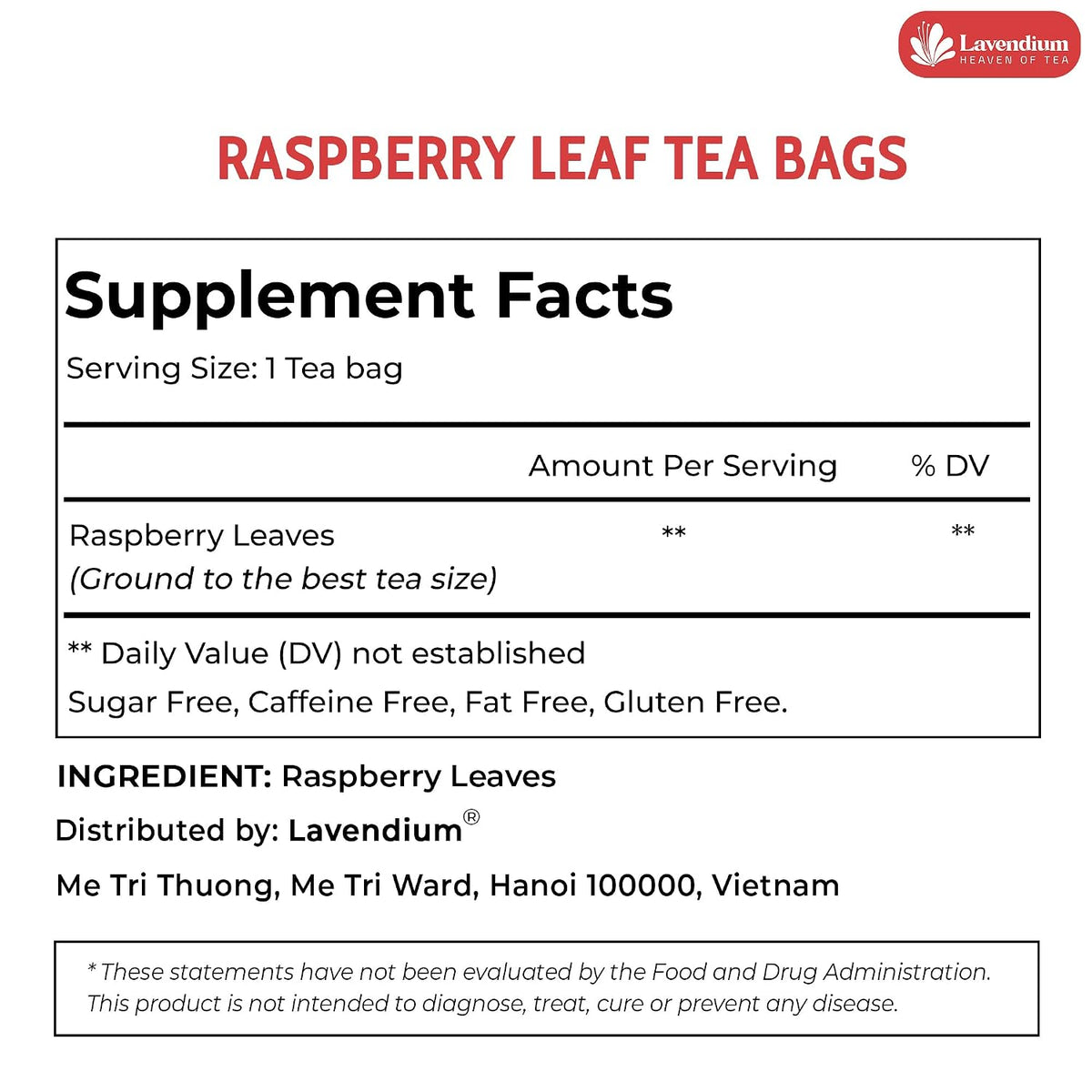 Lavendium Raspberry Leaf Tea Bags, Red Raspberry Leaf Tea