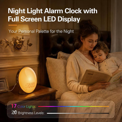 JALL Full-Screen Wake Up Light Sunrise Alarm Clocks for Bedrooms, White Noise Machine for Heavy Sleepers, 25 Natural Sounds, Dual Alarms, FM Radio, 17 Dimmable Colors, Bluetooth Speaker
