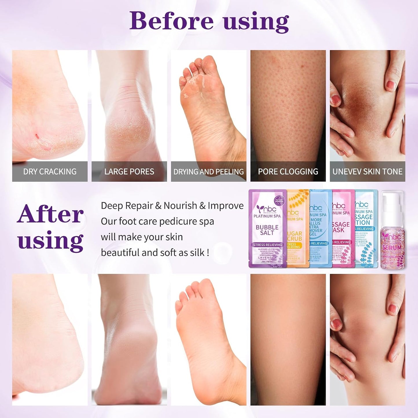 Pedicure Kit Foot Soak Set: Bubble Salt, Sugar Scrub, Massage Mask, Massage Lotion in a Box, 4 Step Foot Spa Kit for Dry Feet, Softens Calluses, Tired Feet（3 Set Lavender) - Colors B