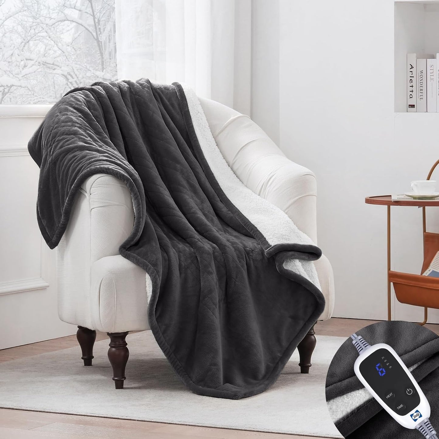 Sealy Electric Throw Blanket, Flannel & Sherpa Heated Throw with 6 Heating Levels & 2-10 Hours Auto Shut Off, Fast Heating & Machine Washable, 50x60 Inch, Light Grey