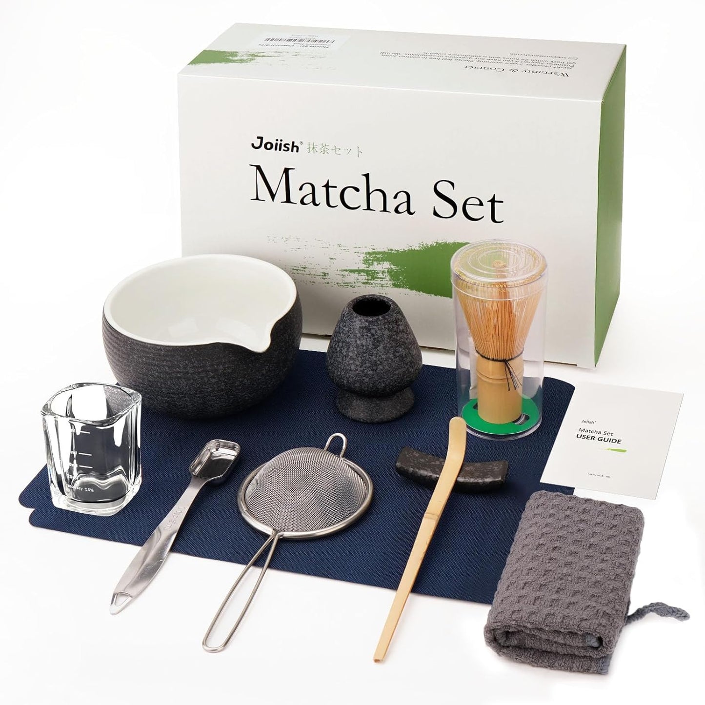 Joiish Matcha Whisk Set, Matcha Kit 10-Pcs, Bamboo Whisk and Ceramic Bowl with Spout & Measuring Spoon & Cup, Japanese Ceremony Matcha Tea Powder Making Tools, Light Green