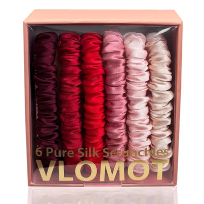 VLOMOT 6 Pcs Set 100% Pure Mulberry Silk Hair Scrunchies - 6 Chic Colors Everyday Skinny Scrunchies Silk Ponytail Holders - No Damage (Purple)