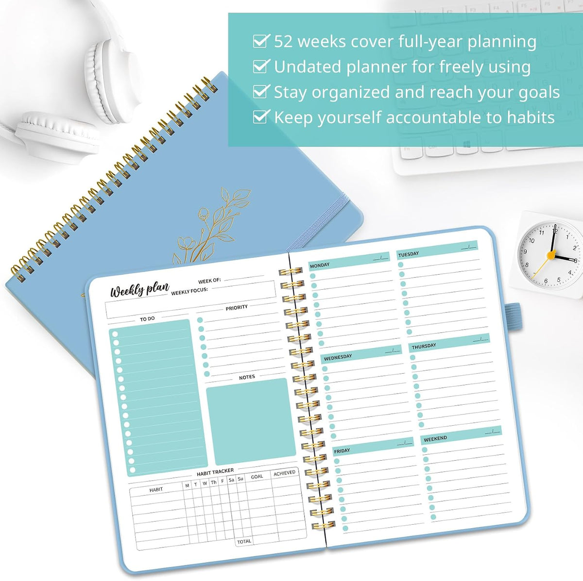Taja Undated Weekly Planner, To Do List Notebook with Habit Tracker, A5
