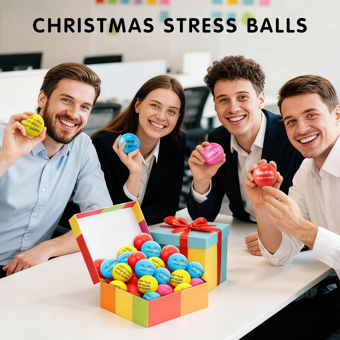 Liliful 100 Pcs Motivational Stress Balls Bulk Inspirational Squeeze Balls for Adults Anxiety Relief Fidget Toys Office Employee Gifts Classroom Rewards 2.2 Inch (Bright Colors)