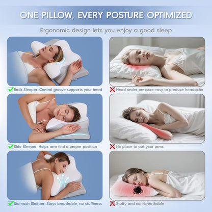 Cervical Neck Pillow, Memory Foam Pillows for Neck & Shoulder Pain Relief, 2 Heights Ergonomic Pillow with Breathable Ice Silk Cover, Neck Support Pillow for Stomach Sleepers Grey