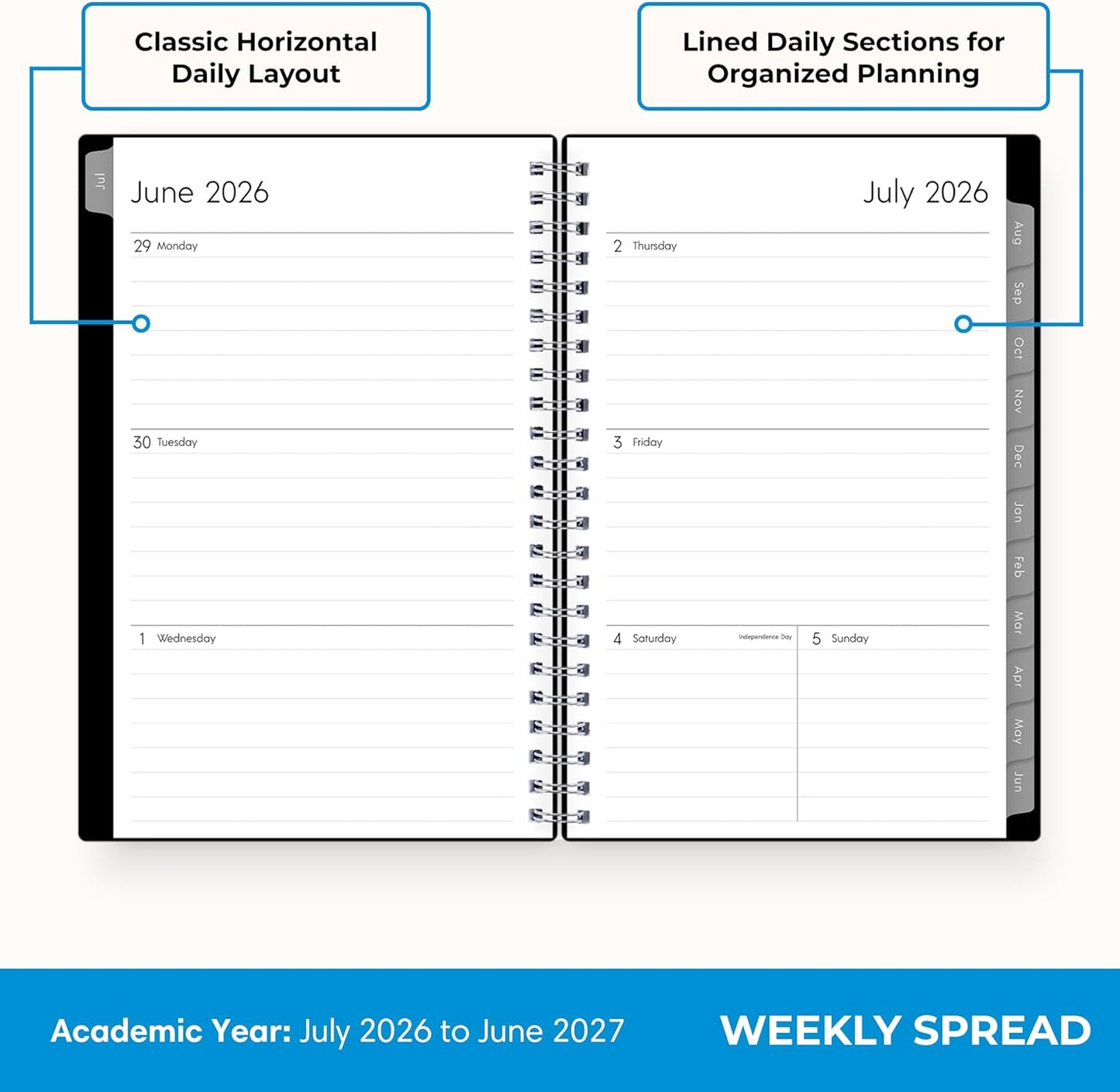 Blue Sky 2026-2027 Weekly and Monthly Academic Year Planner Calendar, July 2026 - June 2027, 8.5" x 11", Flexible Cover, Wirebound, Laminated Tabs, Enterprise