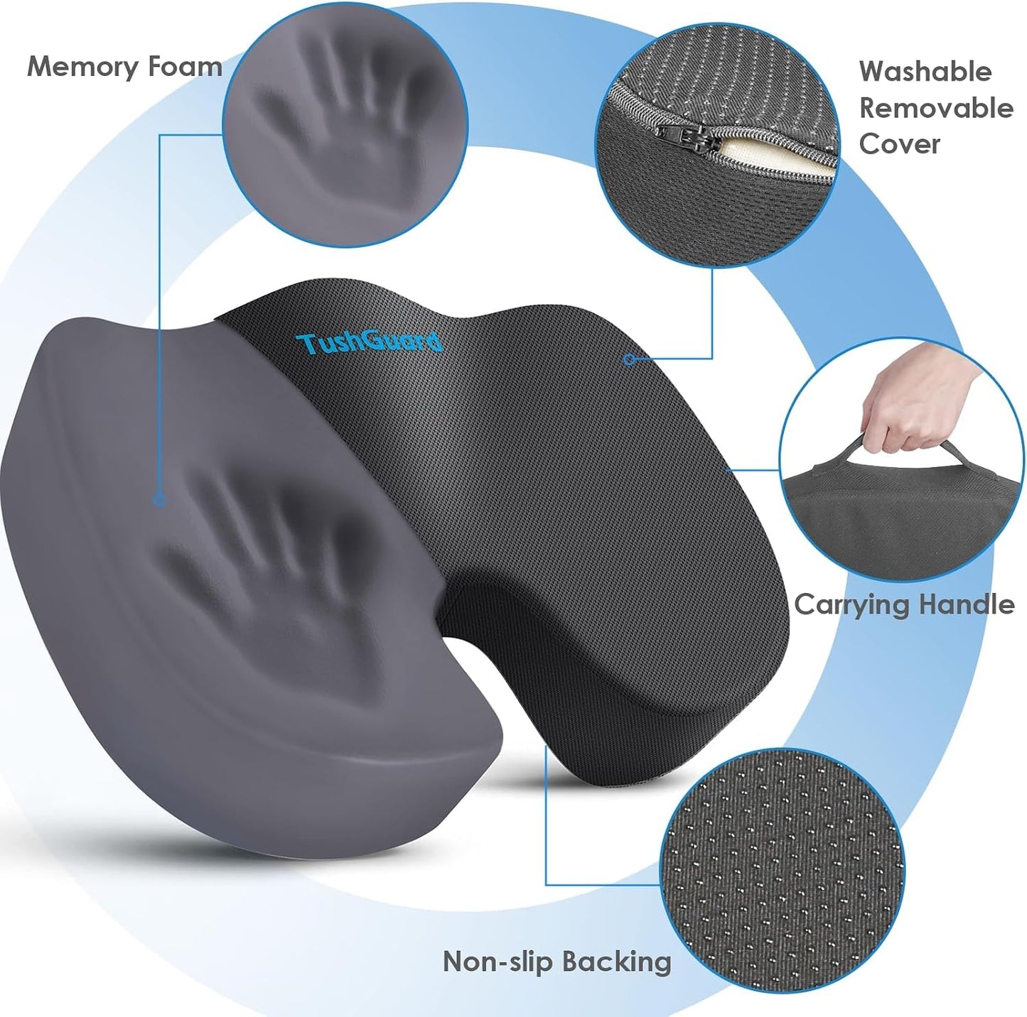 TushGuard Seat Cushion for Office Chair Memory Foam Non-Slip Desk Seat Cushion Back, Coccyx, Sciatica, Tailbone Pain Relief Butt Pillow for Office Chair, Car, Wheelchair, Black
