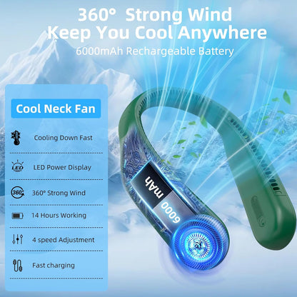 Portable Neck Fan, Personal Wearable Bladeless Fan, 6000mAh USB Rechargeable, 360° Airflow, LED Display, 4-Speeds, Hands Free Fan for Outdoor Indoor, Birthday Gifts for Men Women Dad Mom (Black)