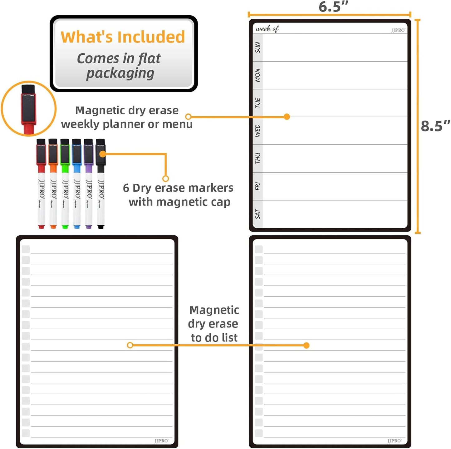 JJPRO Magnetic Monthly Calendar Whiteboard Set for Fridge-Monthly Planning Board and Two Bonus Dry Erase Grocery Board&Weekly Menu Board-Meal Planner Whiteboard/to-Do List-6 Markers