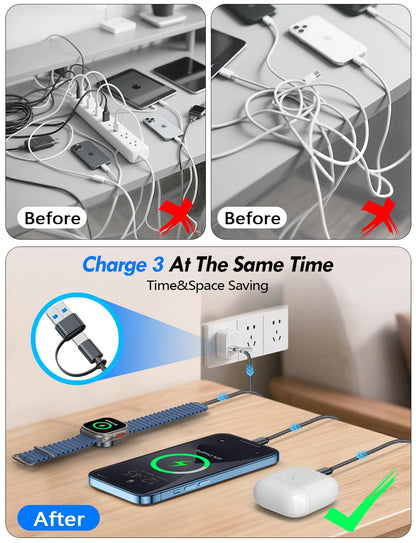 Travel Essentials for Apple Watch Charger,3-in-2 Multi Charging Cable