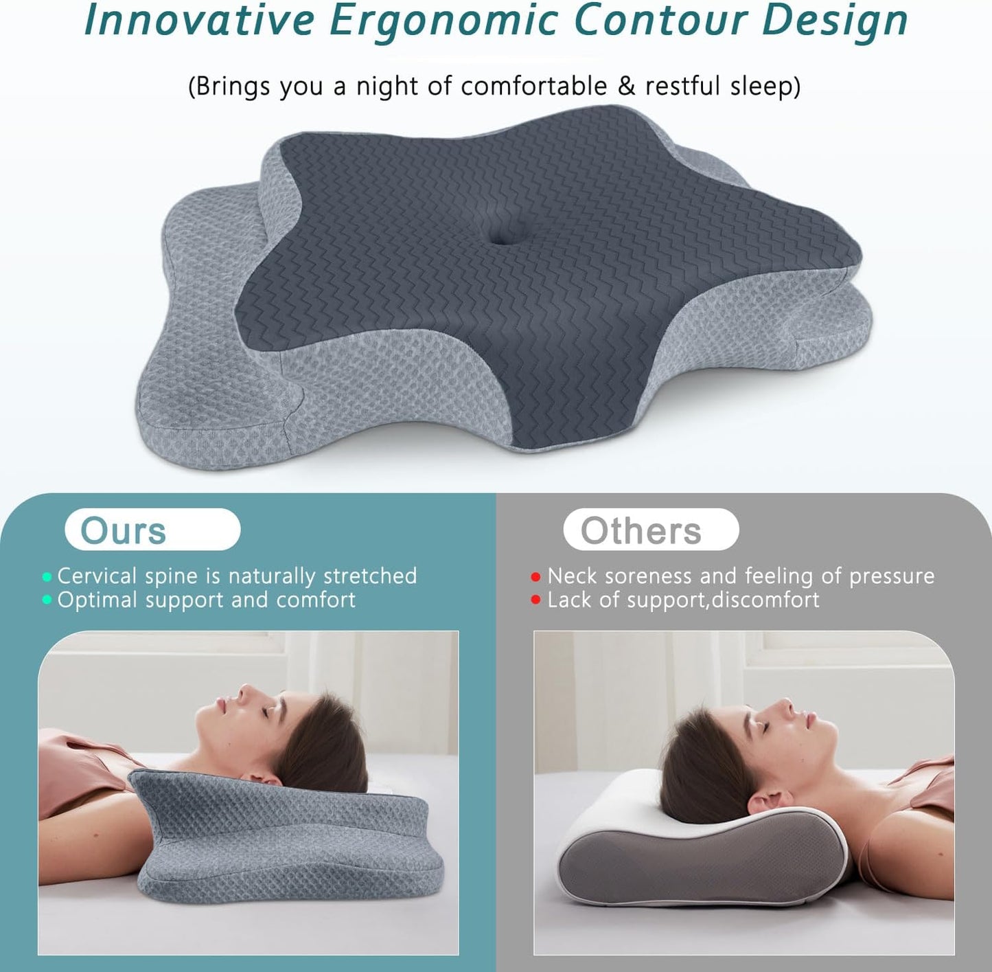 CHxxy Cervical Neck Pillow for Pain Relief Sleeping, Memory Foam Pillows, Ergonomic Side Sleeper Pillows, Cooling Orthopedic Neck Support Pillow for Back Stomach Sleepers-Queen Size Grey&Grey