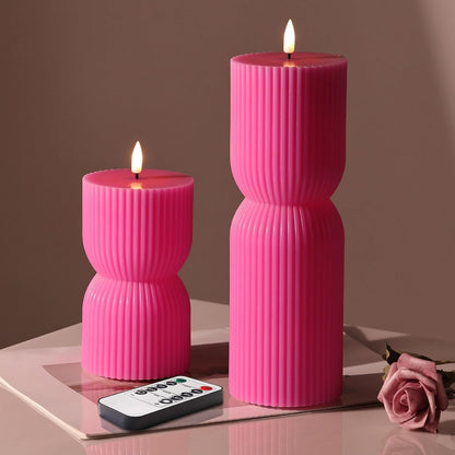 White Ribbed Flameless Pillar Candles with Remote, Real Wax Flickering Battery LED Candles Set of 2
