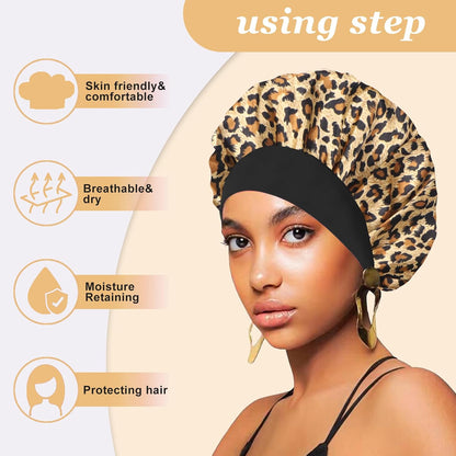 4PCS Silk Satin Bonnets for Black Women & Men - Elastic Wide Band Hair Wrap Cap for Curly Hair - Shower Cap for Sleeping (Black, Peacock Blue, Pink, Khaki)