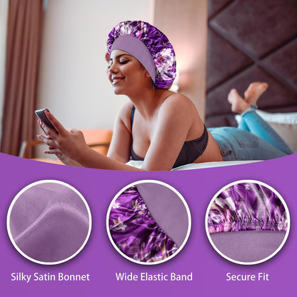 4PCS Silk Satin Bonnets for Black Women & Men - Elastic Wide Band Hair Wrap Cap for Curly Hair - Shower Cap for Sleeping (Black, Peacock Blue, Pink, Khaki)